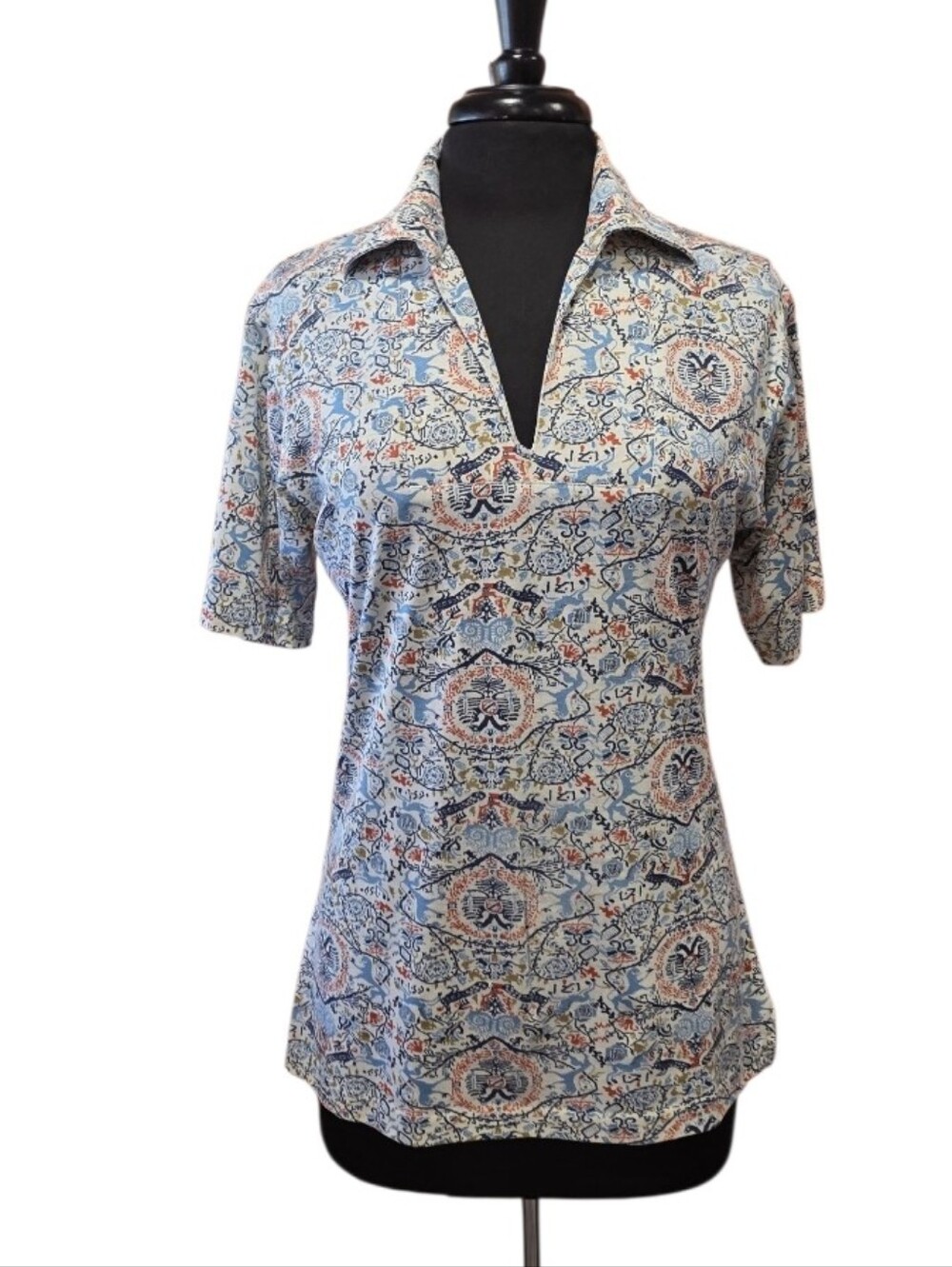 Vintage 70s Blue Paisley Short-Sleeve Cross Creek M Polo Top Retro Groovy